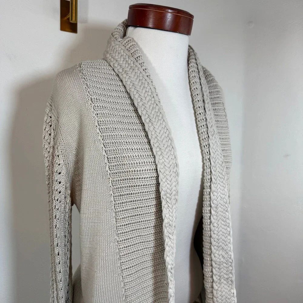 Elie Tahari Silk Cotton Open Front Cardigan Beige Braided Cable Knit Coastal M